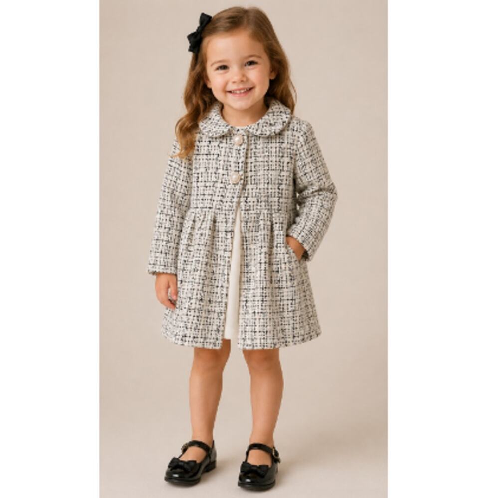 Chenault Girls Cream Checkered Pattern Tweed Pearl Button Dress Size 4 Years